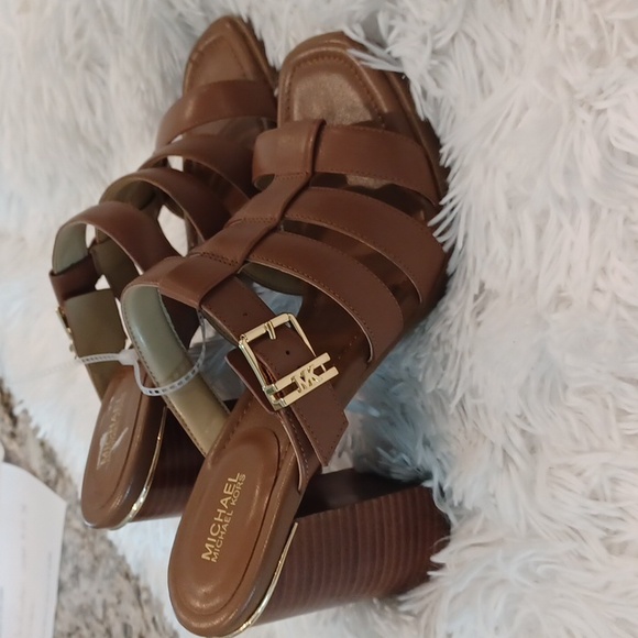 MICHAEL KORS JAGGER Leather Slide Slip On High Heels Brown NEW SZ 9.5 - Picture 8 of 16